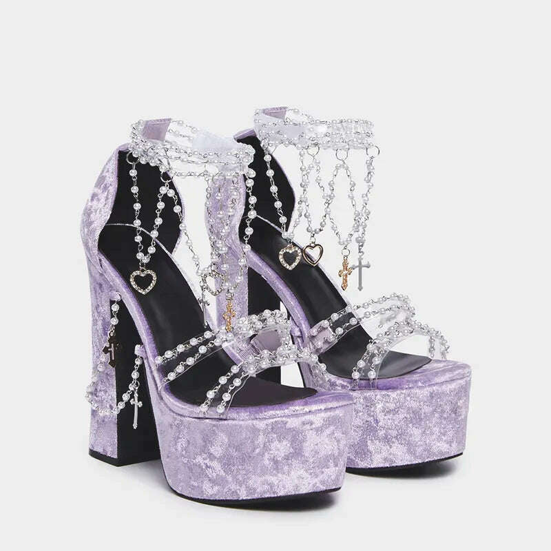 KIMLUD, Lolita Pearls Heart Chains Purple Velvet Platform Sandals Chunky High Heel Beads PVC Straps Wedding Shoes Jewerly Ladies Pumps, purple / 40, KIMLUD APPAREL - Womens Clothes