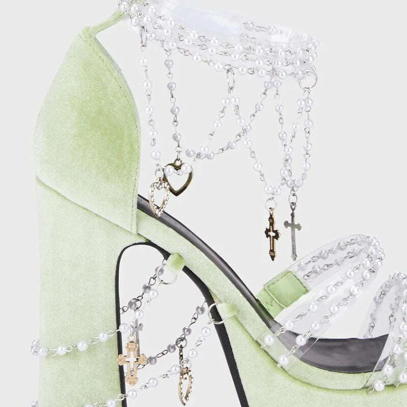 KIMLUD, Lolita Pearls Heart Chains Purple Velvet Platform Sandals Chunky High Heel Beads PVC Straps Wedding Shoes Jewerly Ladies Pumps, KIMLUD Womens Clothes