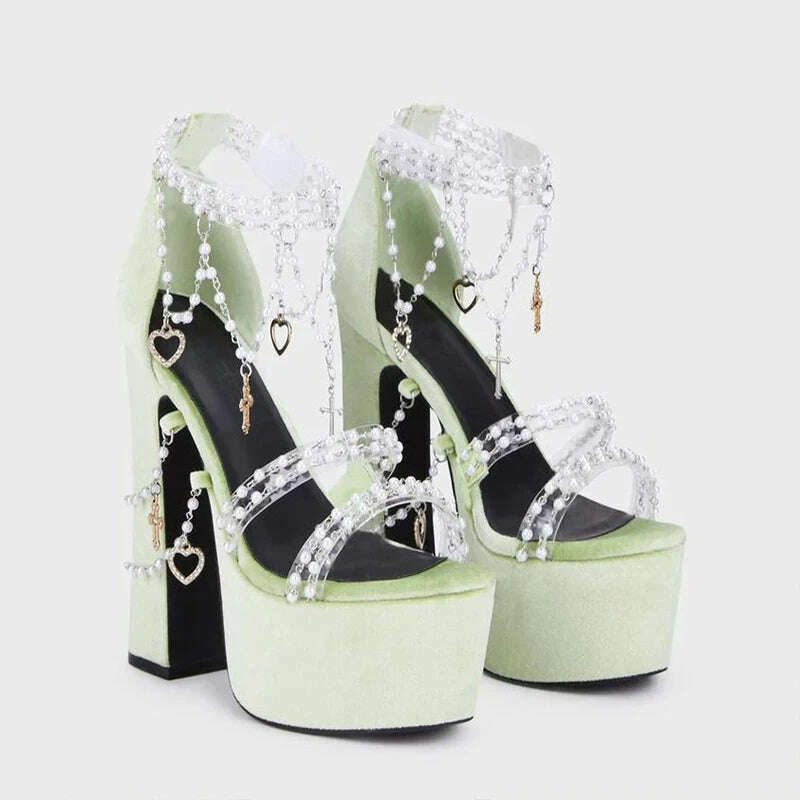 KIMLUD, Lolita Pearls Heart Chains Purple Velvet Platform Sandals Chunky High Heel Beads PVC Straps Wedding Shoes Jewerly Ladies Pumps, mint green / 36, KIMLUD Women's Clothes
