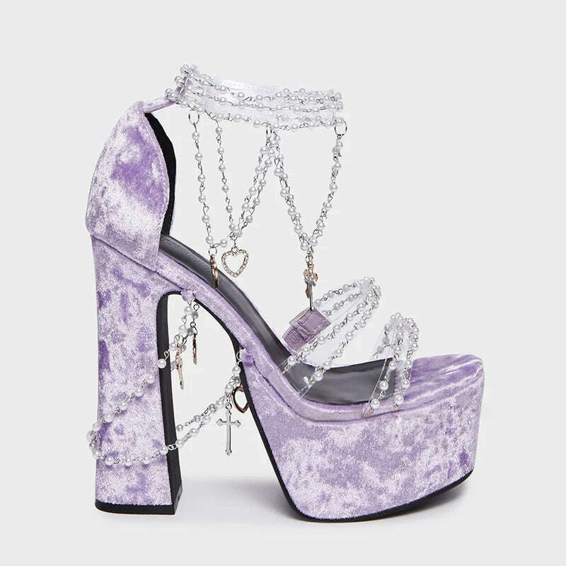 KIMLUD, Lolita Pearls Heart Chains Purple Velvet Platform Sandals Chunky High Heel Beads PVC Straps Wedding Shoes Jewerly Ladies Pumps, KIMLUD Women's Clothes