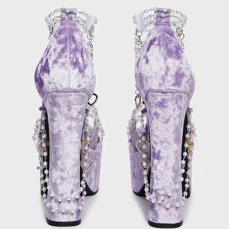 KIMLUD, Lolita Pearls Heart Chains Purple Velvet Platform Sandals Chunky High Heel Beads PVC Straps Wedding Shoes Jewerly Ladies Pumps, KIMLUD Women's Clothes