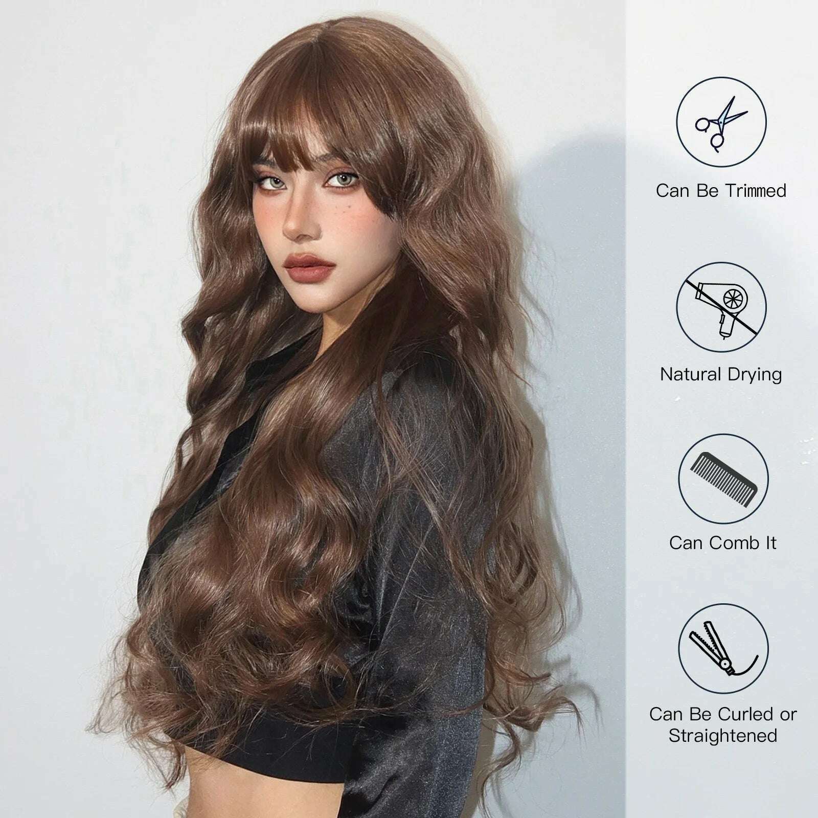 KIMLUD, Long Body Wave Synthetic Wigs Dark Brown Wavy Wig with Bangs Chocolate Brown Hair for Women Full Wig Heat Resistant Daily Use, KIMLUD Womens Clothes