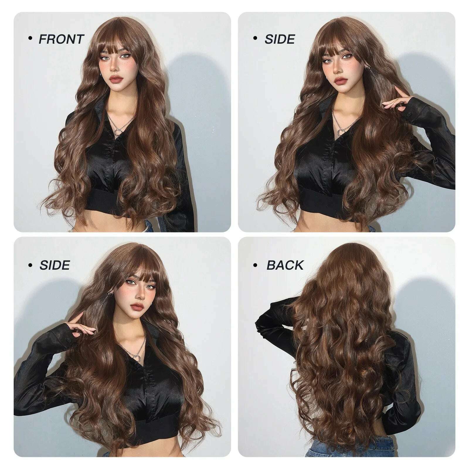 KIMLUD, Long Body Wave Synthetic Wigs Dark Brown Wavy Wig with Bangs Chocolate Brown Hair for Women Full Wig Heat Resistant Daily Use, KIMLUD Womens Clothes