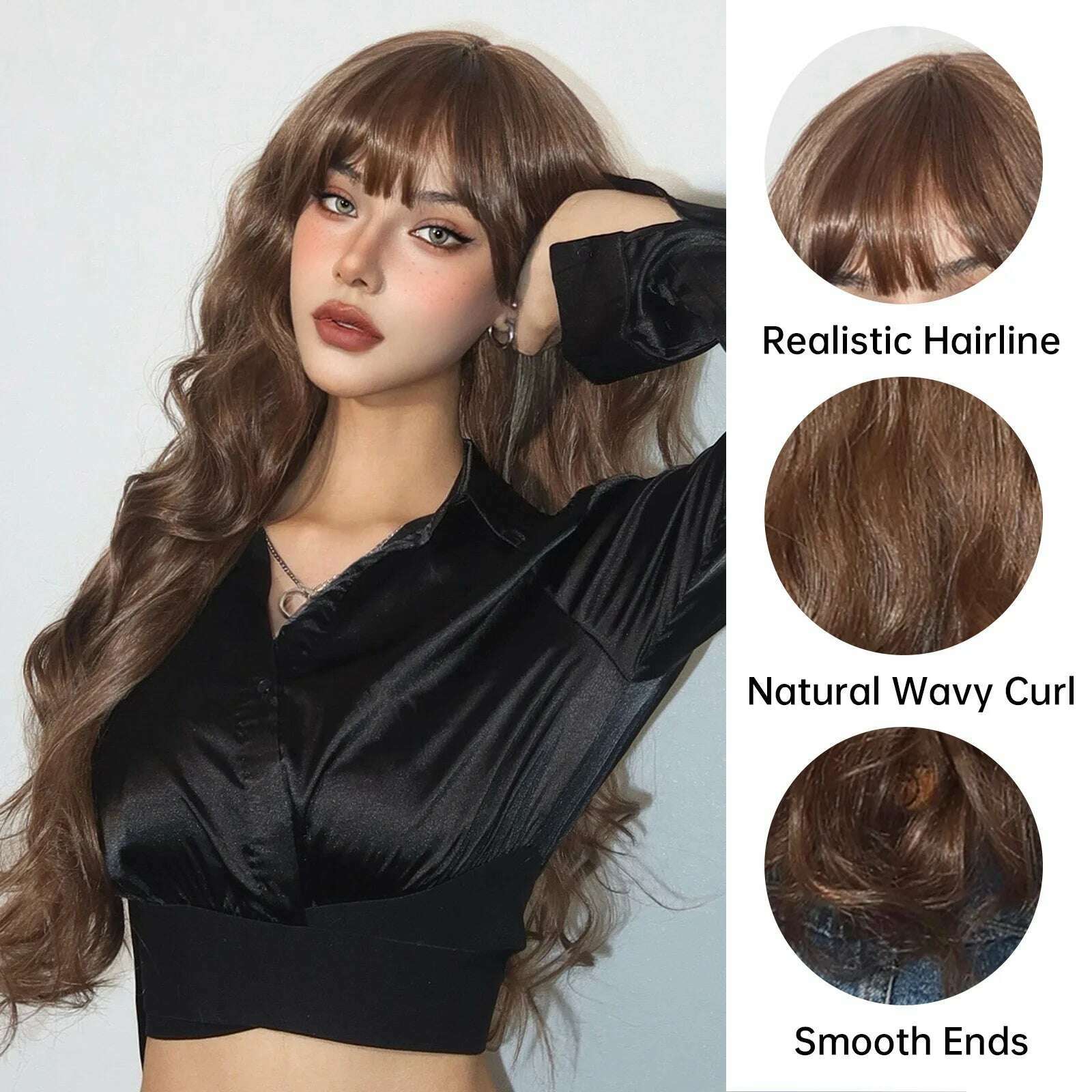 KIMLUD, Long Body Wave Synthetic Wigs Dark Brown Wavy Wig with Bangs Chocolate Brown Hair for Women Full Wig Heat Resistant Daily Use, KIMLUD Womens Clothes