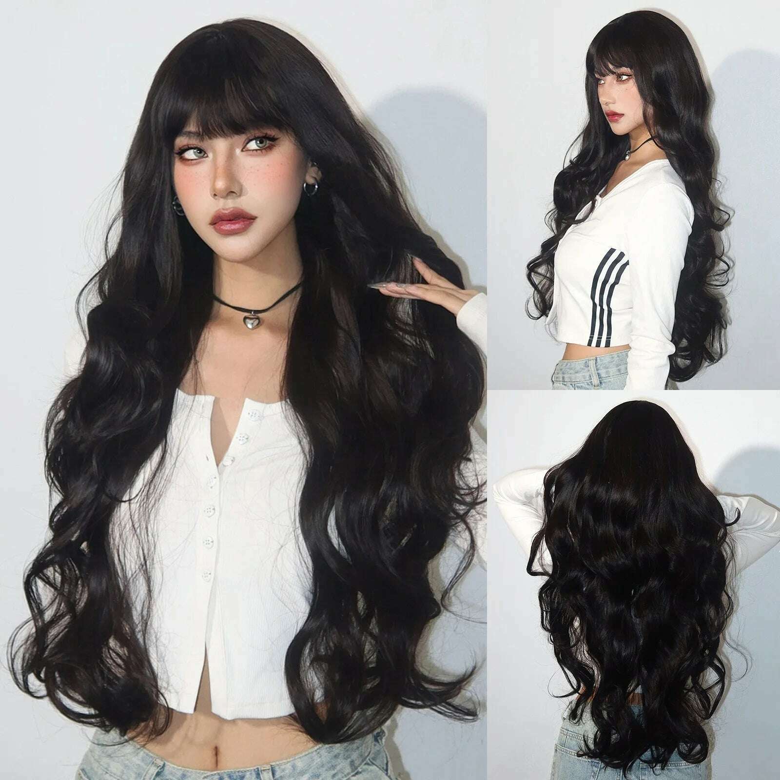 KIMLUD, Long Body Wave Synthetic Wigs Dark Brown Wavy Wig with Bangs Chocolate Brown Hair for Women Full Wig Heat Resistant Daily Use, LC3008-1, KIMLUD Womens Clothes