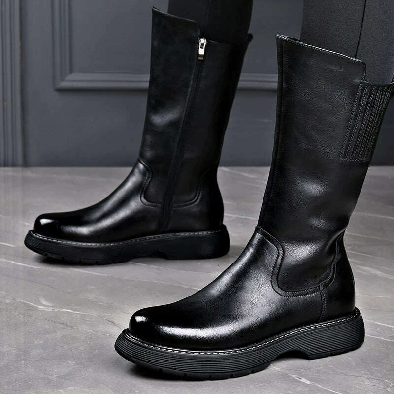 Long Boots Men's High Barrel Genuine Leather Knight Thick Sole Vintage High Top Denim Martin Soft Leather Plush Elevated Horse - KIMLUD