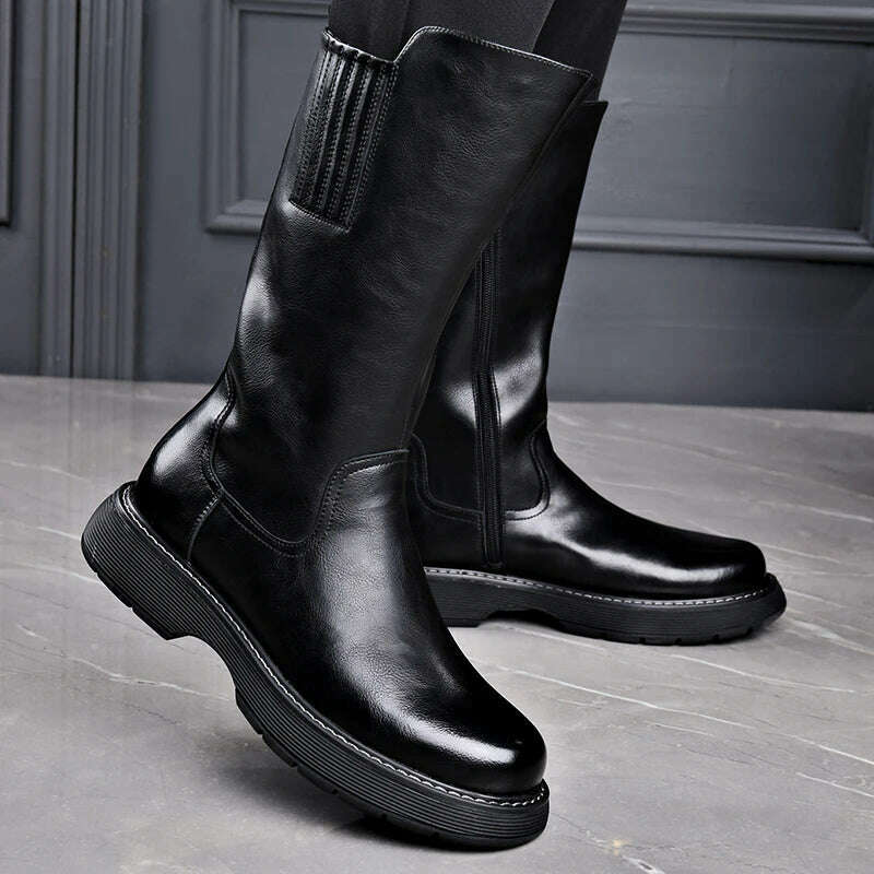 Long Boots Men's High Barrel Genuine Leather Knight Thick Sole Vintage High Top Denim Martin Soft Leather Plush Elevated Horse - KIMLUD
