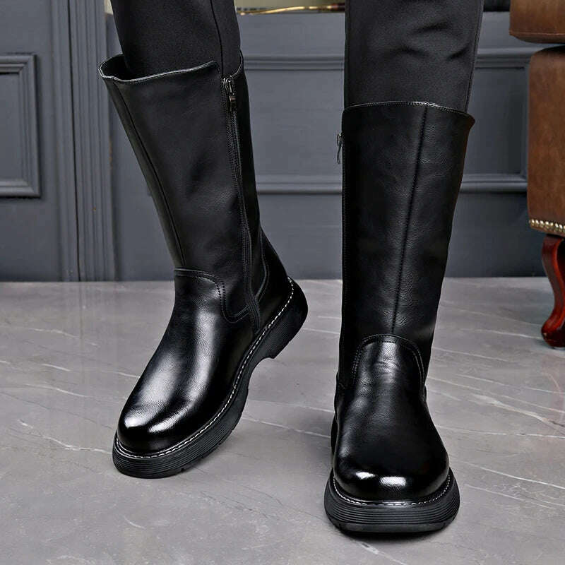 Long Boots Men's High Barrel Genuine Leather Knight Thick Sole Vintage High Top Denim Martin Soft Leather Plush Elevated Horse - KIMLUD