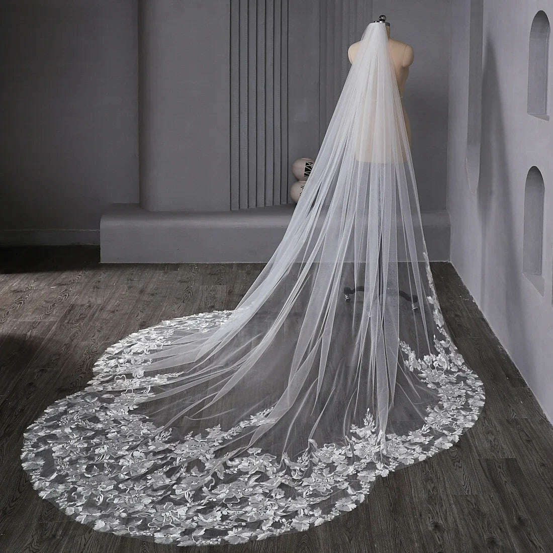 KIMLUD, Long Bridal Veil 1 Tier Wedding Veil with Comb White Ivory Cathedral Lace Appliques Scalloped Veil for Bride Accessories 300cm, Off-White / 400cm, KIMLUD Women's Clothes