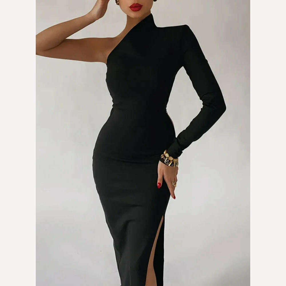 KIMLUD, Long Elegant Dresses for Women Summer One Shoulder Maxi Dress Bodycon Sexy Black Slit Fomal Wedding Evening Party Dress 2022, KIMLUD Womens Clothes