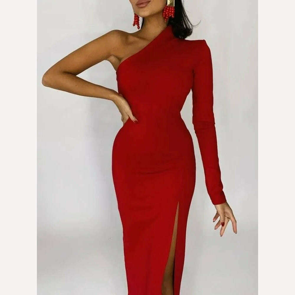 Long Elegant Dresses for Women Summer One Shoulder Maxi Dress Bodycon Sexy Black Slit Fomal Wedding Evening Party Dress 2022, Red / XS, KIMLUD Women's Clothes