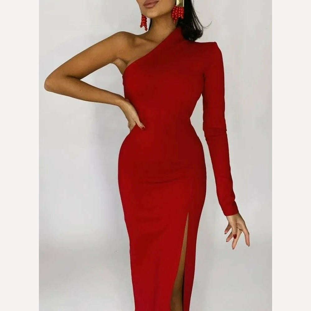 KIMLUD, Long Elegant Dresses for Women Summer One Shoulder Maxi Dress Bodycon Sexy Black Slit Fomal Wedding Evening Party Dress 2022, KIMLUD Womens ClothesKIMLUD, Long Elegant Dresses for Women Summer One Shoulder Maxi Dress Bodycon Sexy Black Slit Fomal Wedding Evening Party Dress 2022, Red / L, KIMLUD APPAREL - Womens Clothes