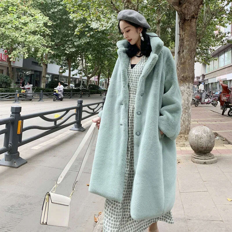 KIMLUD, Long Faux Fur Coat Women Fashion Solid Color Artificial Mink Fur Jacket Winter Thick Warm Velvet Plush Overcoat Female Clothing, Green / S, KIMLUD Womens Clothes