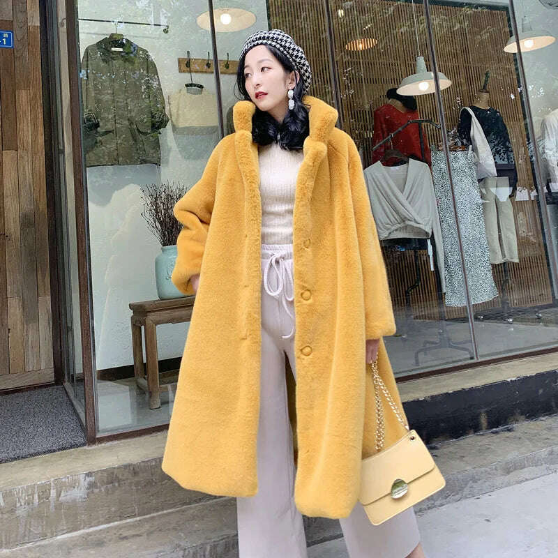 KIMLUD, Long Faux Fur Coat Women Fashion Solid Color Artificial Mink Fur Jacket Winter Thick Warm Velvet Plush Overcoat Female Clothing, Yellow / S, KIMLUD Womens Clothes