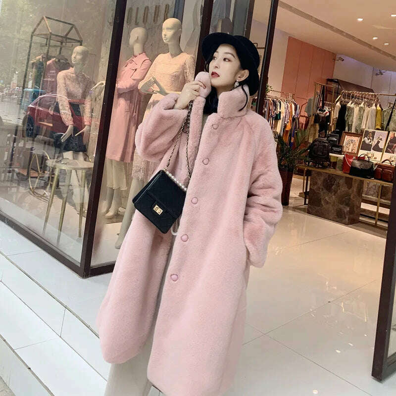 KIMLUD, Long Faux Fur Coat Women Fashion Solid Color Artificial Mink Fur Jacket Winter Thick Warm Velvet Plush Overcoat Female Clothing, Pink / S, KIMLUD Womens Clothes
