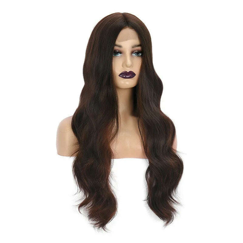 KIMLUD, Long Hair Female Lace Wig Brown Black Big Wave Synthetic Curly Hair Natural Realistic Fluffy Women Daily Cosplay Heat Resistance, KIMLUD Womens Clothes