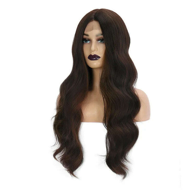 KIMLUD, Long Hair Female Lace Wig Brown Black Big Wave Synthetic Curly Hair Natural Realistic Fluffy Women Daily Cosplay Heat Resistance, KIMLUD Womens Clothes