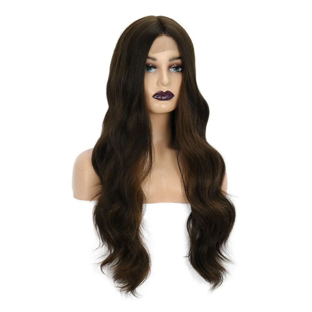 KIMLUD, Long Hair Female Lace Wig Brown Black Big Wave Synthetic Curly Hair Natural Realistic Fluffy Women Daily Cosplay Heat Resistance, 4 / 26inches, KIMLUD Womens Clothes