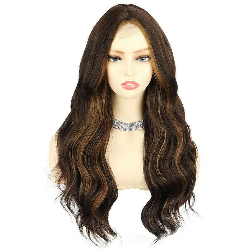 KIMLUD, Long Hair Female Lace Wig Brown Black Big Wave Synthetic Curly Hair Natural Realistic Fluffy Women Daily Cosplay Heat Resistance, F6 27 / 26inches, KIMLUD Womens Clothes