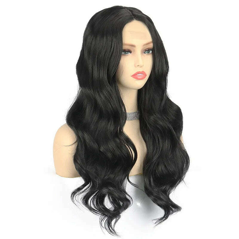 KIMLUD, Long Hair Female Lace Wig Brown Black Big Wave Synthetic Curly Hair Natural Realistic Fluffy Women Daily Cosplay Heat Resistance, 1b / 26inches, KIMLUD Womens Clothes