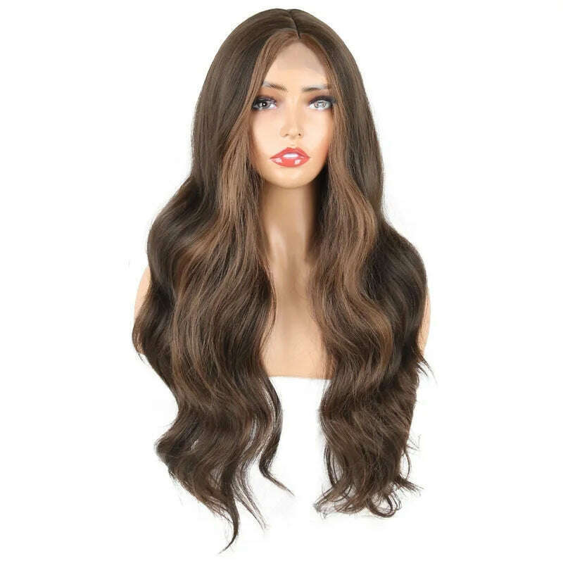 KIMLUD, Long Hair Female Lace Wig Brown Black Big Wave Synthetic Curly Hair Natural Realistic Fluffy Women Daily Cosplay Heat Resistance, 4H27 / 26inches, KIMLUD Womens Clothes