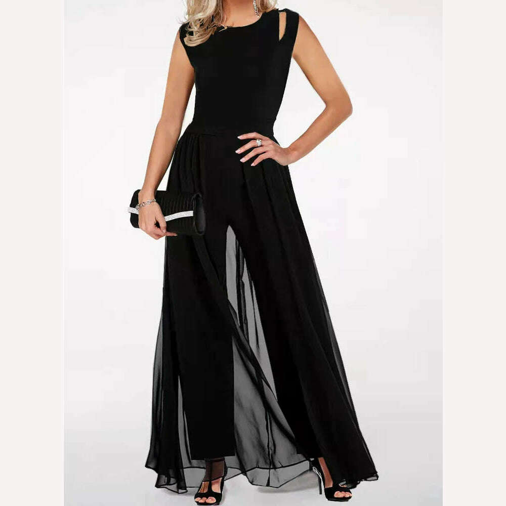 KIMLUD, Long Jumpsuits Woman 2023 Chic Elegant Sleeveless Full Length Wide Leg Pants Chiffon Elegant Drape High Waist Female Jumpsuit, KIMLUD Womens Clothes
