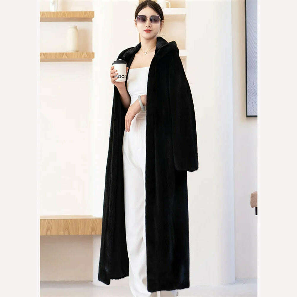 KIMLUD, Long Mink Fur Coat Women 2024 Winter New Fashion Thick Warmth Hooded Loose Faux Fur Coat, Black / M, KIMLUD APPAREL - Womens Clothes
