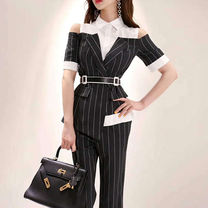 KIMLUD, Long Pants OL Work Set 2023 Women Single Breasted Two-piece Set Stripe Notched Suits Top Female Blazer Jacket Pant Blazer Women, KIMLUD Womens Clothes