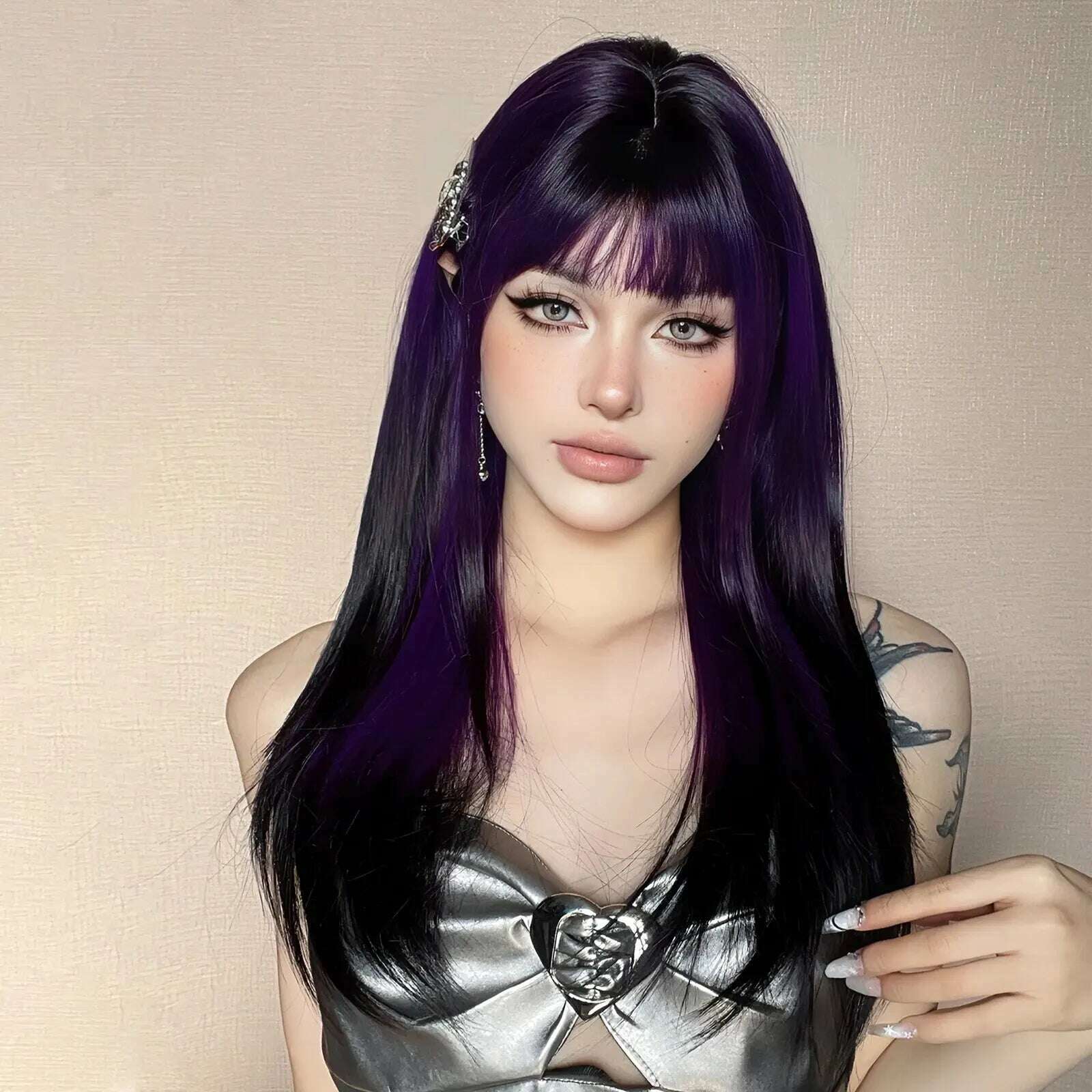 KIMLUD, Long Purple Black Ombre Synthetic Wig Straight Wigs with Bangs for Women Cosplay Lolita Wigs Daily Natural Heat Resistant Fibre, KIMLUD Womens Clothes