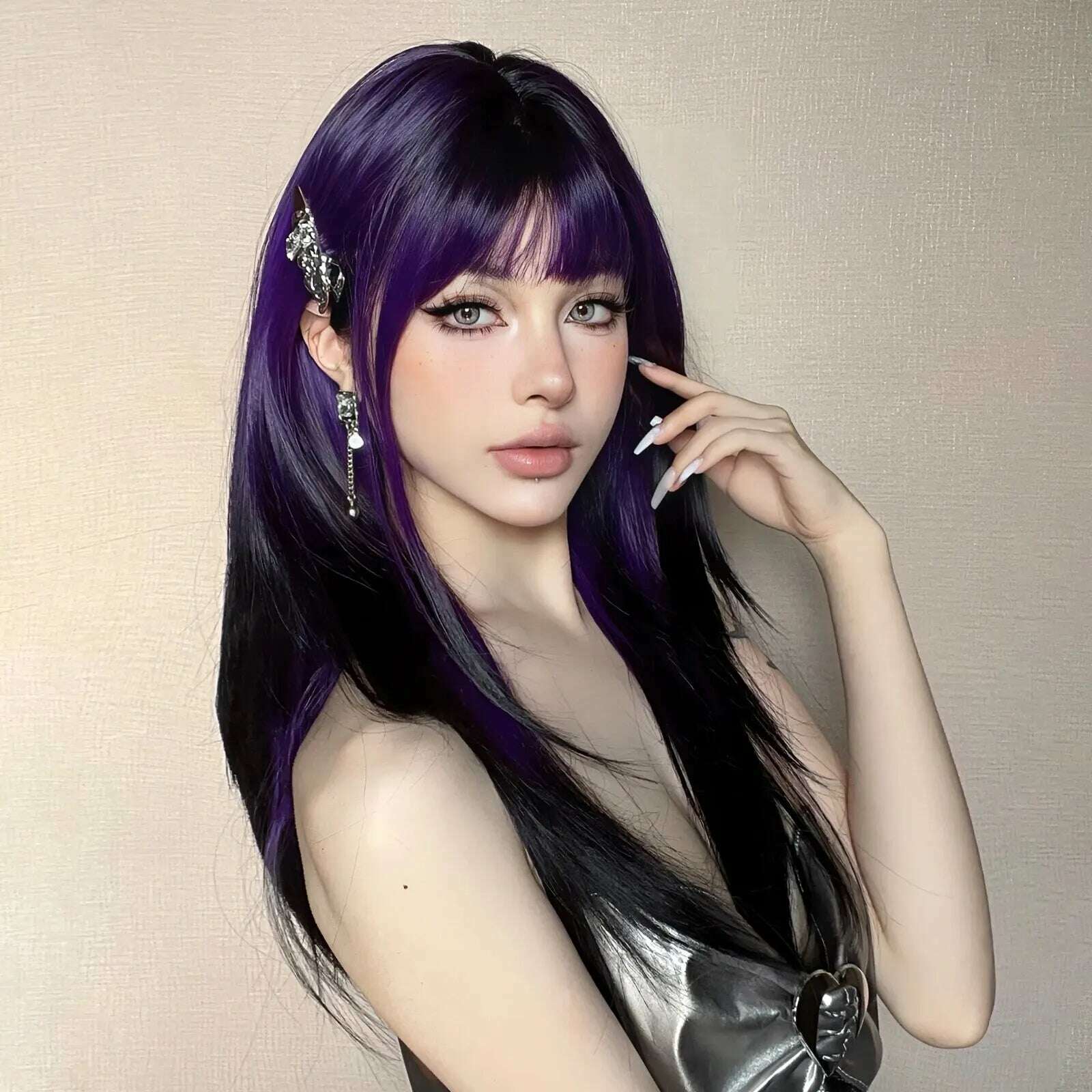 KIMLUD, Long Purple Black Ombre Synthetic Wig Straight Wigs with Bangs for Women Cosplay Lolita Wigs Daily Natural Heat Resistant Fibre, KIMLUD Womens Clothes