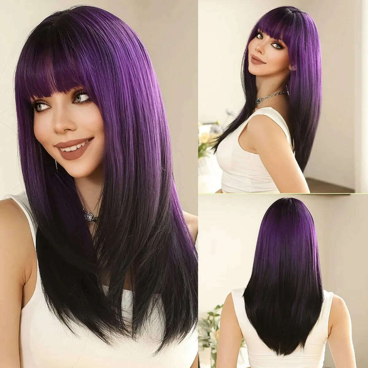 KIMLUD, Long Purple Black Ombre Synthetic Wig Straight Wigs with Bangs for Women Cosplay Lolita Wigs Daily Natural Heat Resistant Fibre, KIMLUD Womens Clothes