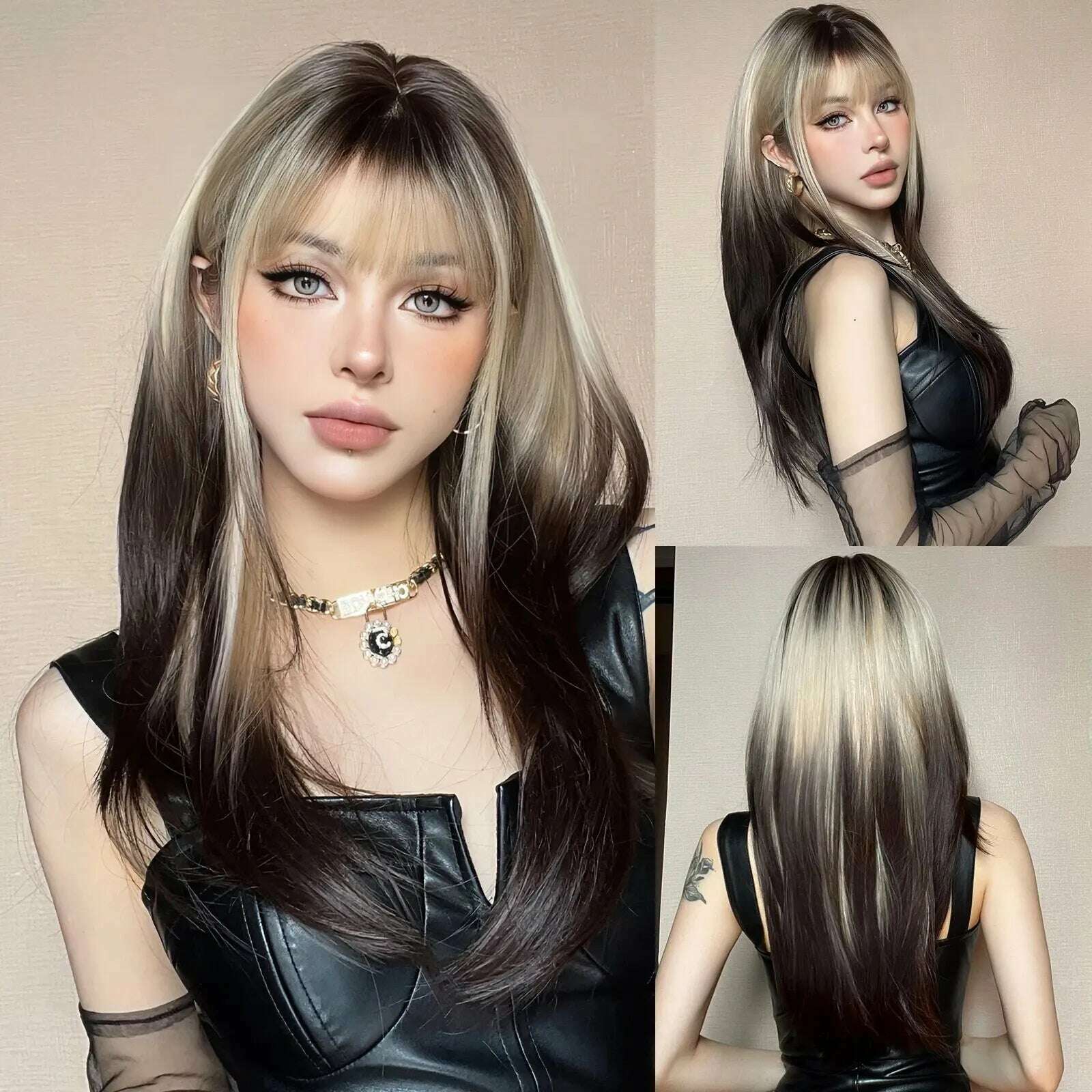 KIMLUD, Long Purple Black Ombre Synthetic Wig Straight Wigs with Bangs for Women Cosplay Lolita Wigs Daily Natural Heat Resistant Fibre, 22INCHES / 1 pc / LC3032-1, KIMLUD Womens Clothes