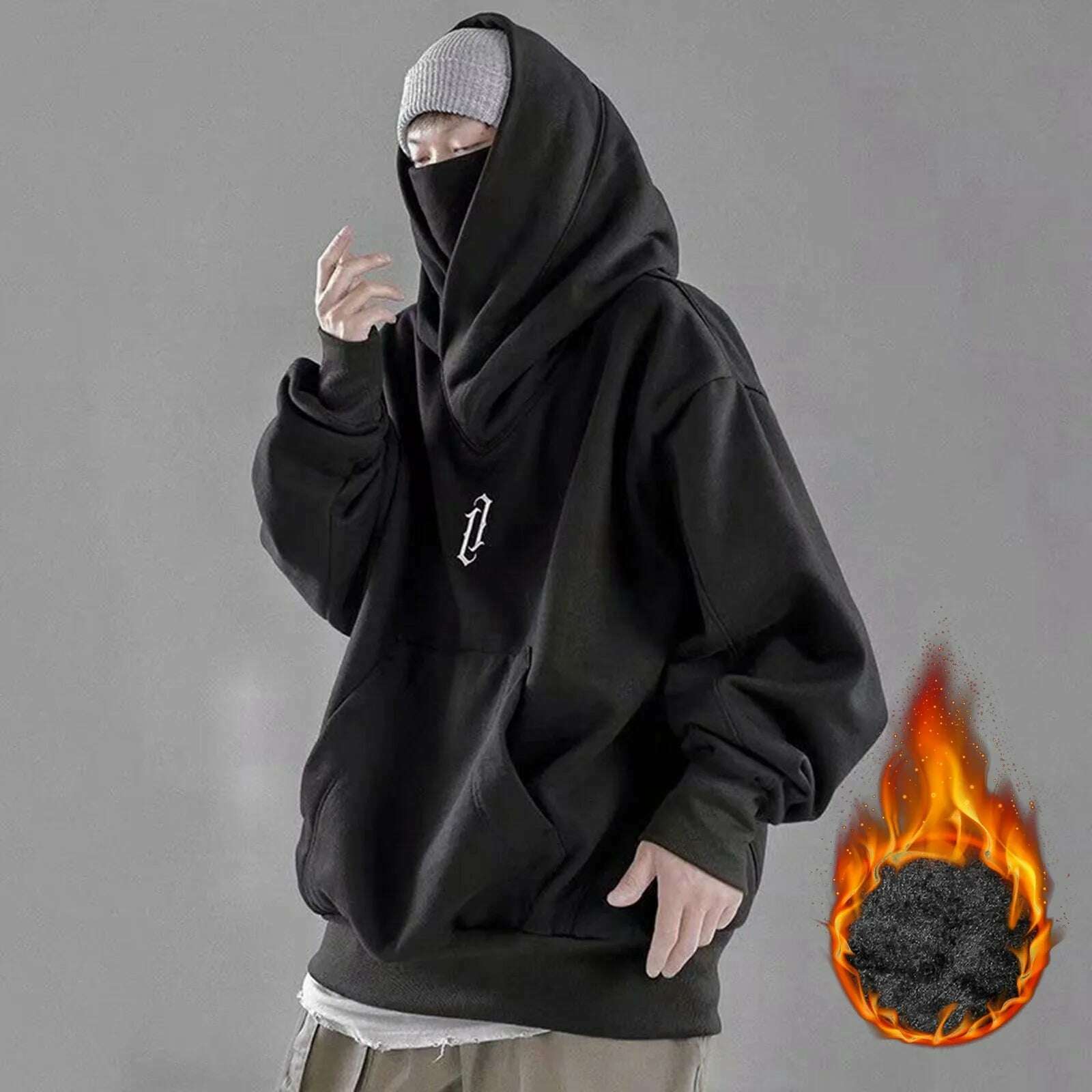 KIMLUD, Long Sleeve Hoodie Male Autumn Winter Sweatshirt Pocket Solid High Collar Loose Hoodies Fleece Hooded Sweatshirt For Man Hiphop, Black / M, KIMLUD Womens Clothes