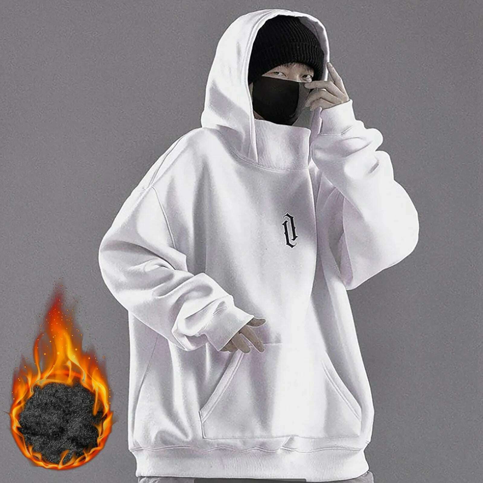 KIMLUD, Long Sleeve Hoodie Male Autumn Winter Sweatshirt Pocket Solid High Collar Loose Hoodies Fleece Hooded Sweatshirt For Man Hiphop, White / XXL, KIMLUD Womens Clothes