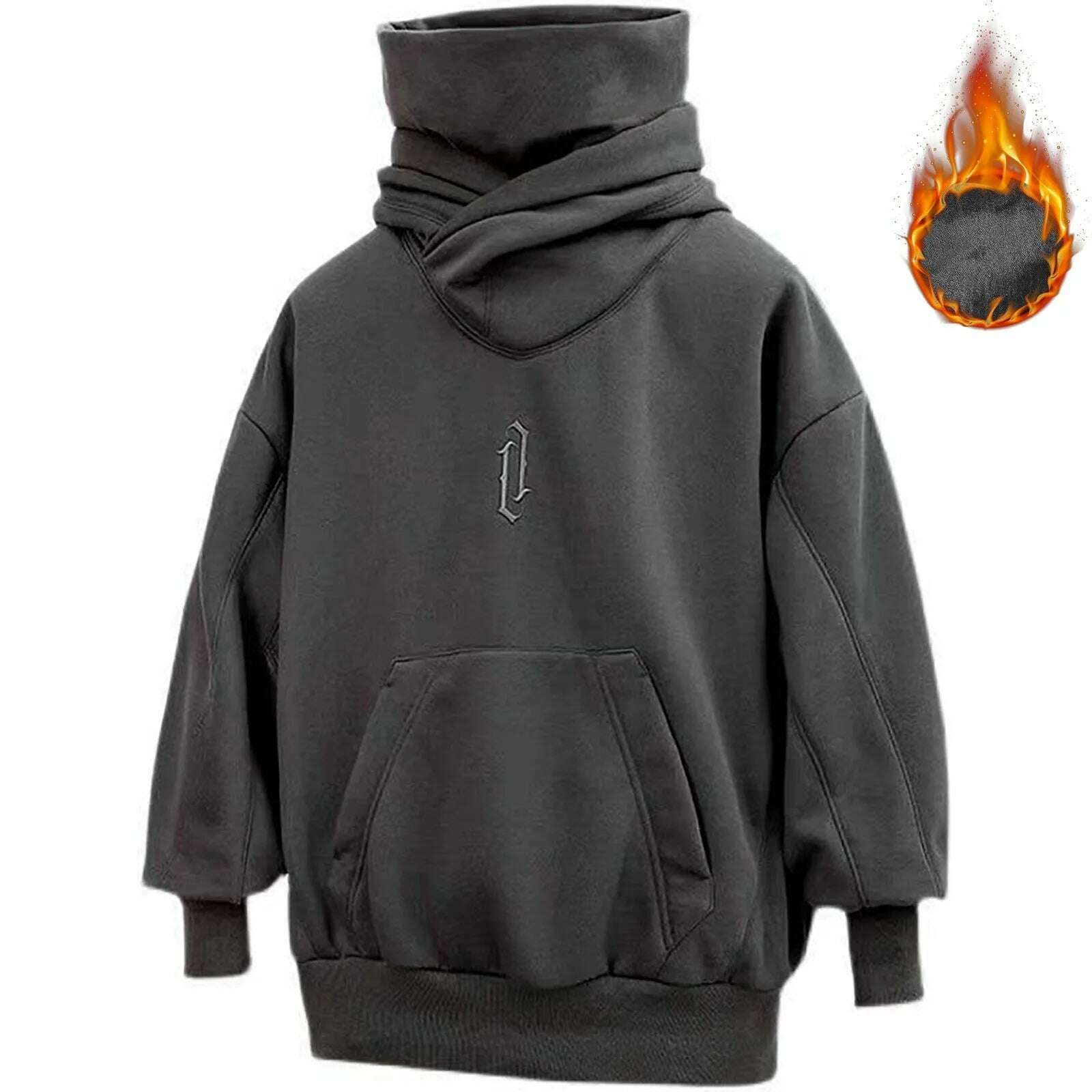 KIMLUD, Long Sleeve Hoodie Male Autumn Winter Sweatshirt Pocket Solid High Collar Loose Hoodies Fleece Hooded Sweatshirt For Man Hiphop, KIMLUD Womens Clothes