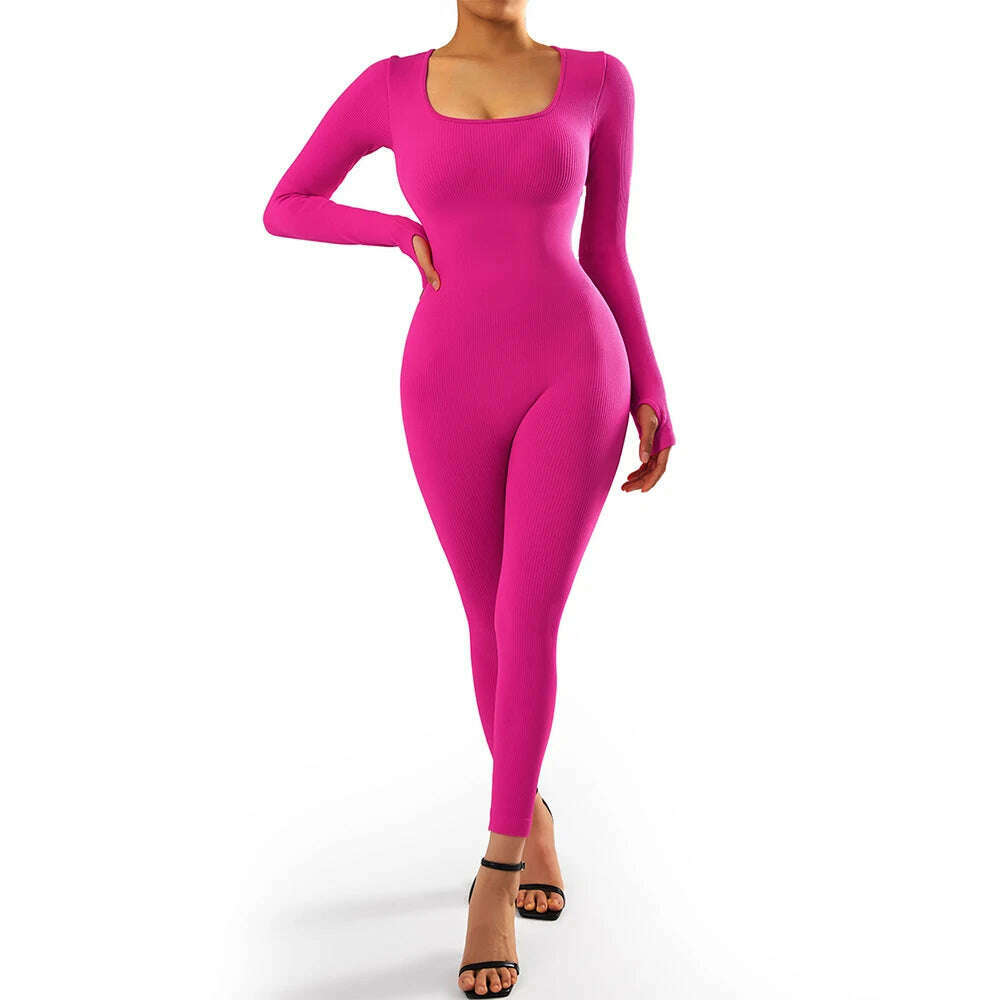 Long Sleeve Jumpsuit Women Bodycon One-piece Outfit Jumpsuit Square Neck Casual Streetwear Rompers Overalls playsuits Bodysuit - KIMLUD