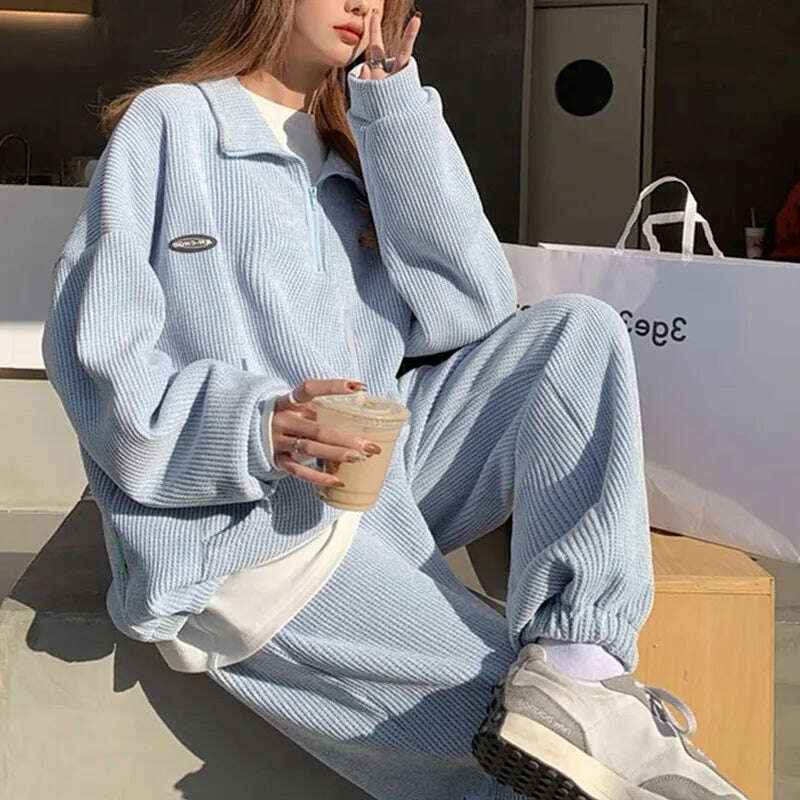 Long Sleeve Sportswear Pant Sets Women New Casual Half High Collar Tops Drawstring High Waist Pants 2 Piece Sets Womens Outfits - KIMLUD