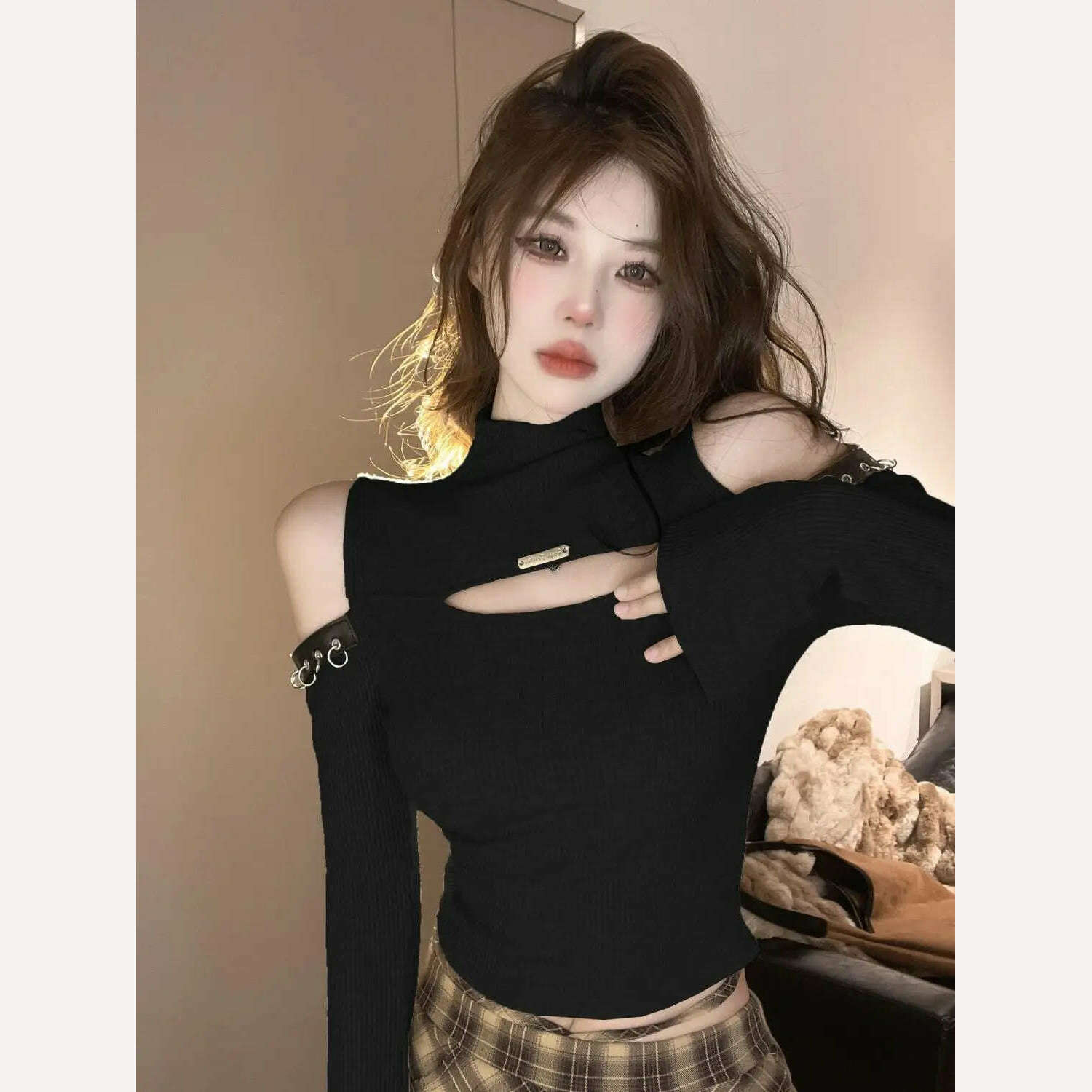 KIMLUD, Long Sleeve T-shirts Women Hollow Out Spliced Slim-fit Sexy Autumn Turtleneck All-match Off Shoulder Hot Girls Streetwear Soft, black / S, KIMLUD Womens Clothes
