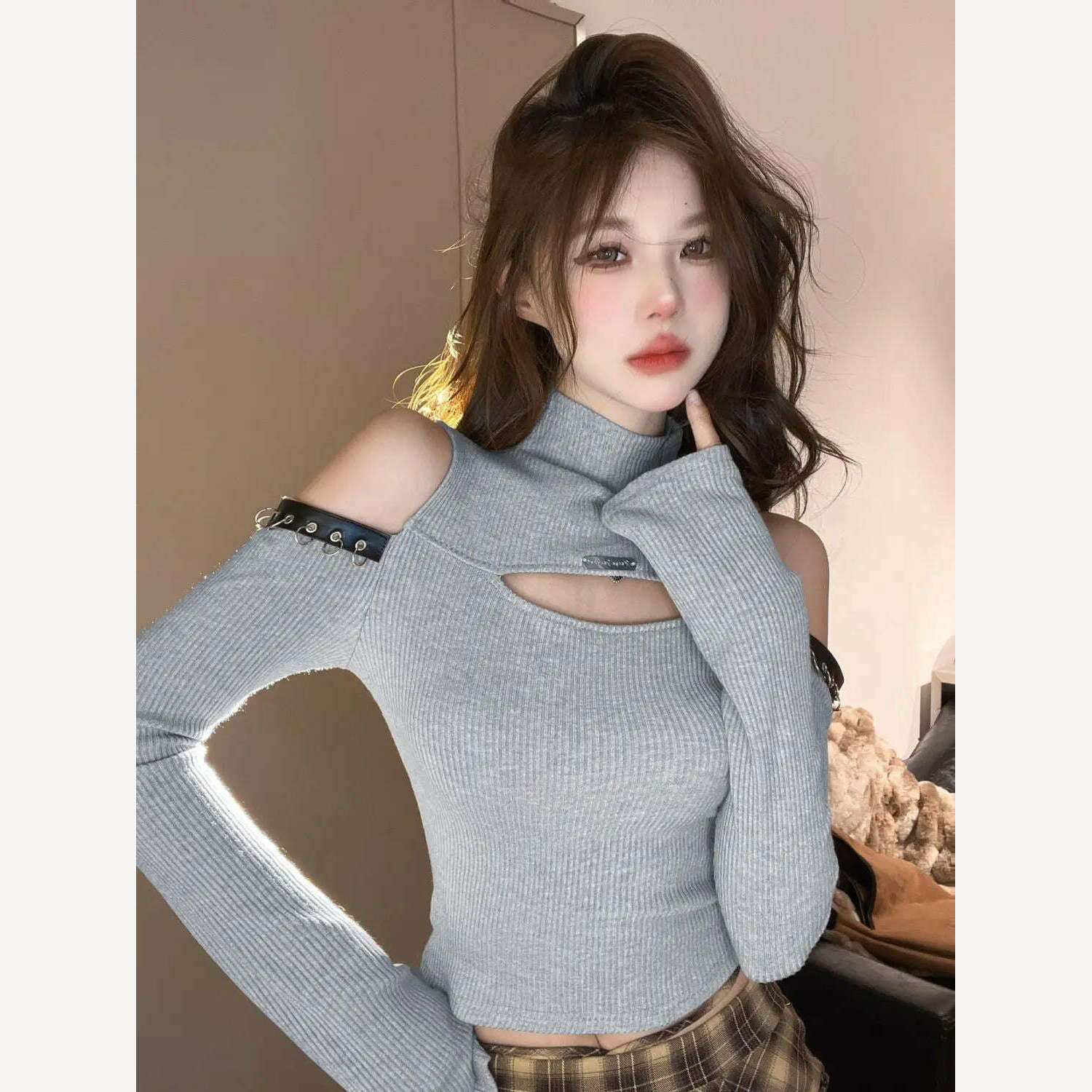 KIMLUD, Long Sleeve T-shirts Women Hollow Out Spliced Slim-fit Sexy Autumn Turtleneck All-match Off Shoulder Hot Girls Streetwear Soft, gray / S, KIMLUD Womens Clothes