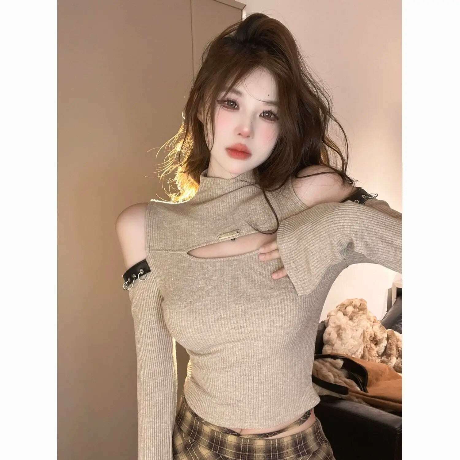 KIMLUD, Long Sleeve T-shirts Women Hollow Out Spliced Slim-fit Sexy Autumn Turtleneck All-match Off Shoulder Hot Girls Streetwear Soft, khaki / S, KIMLUD Womens Clothes