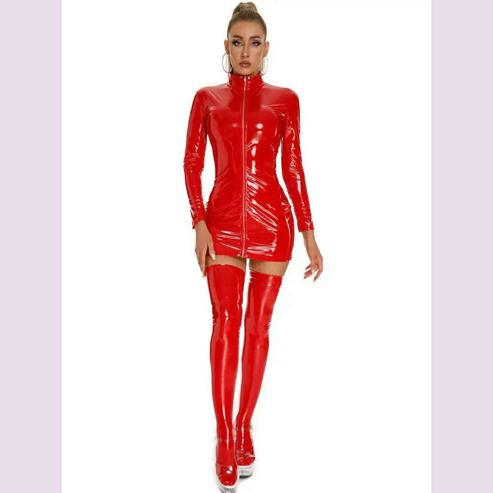 Long Sleeve Wet Look PVC Vestido Front Zipper Shiny PU Leather Hot Dress Tight Package Hip Minifalda Sexy Dresses Miniskirt Robe - KIMLUD