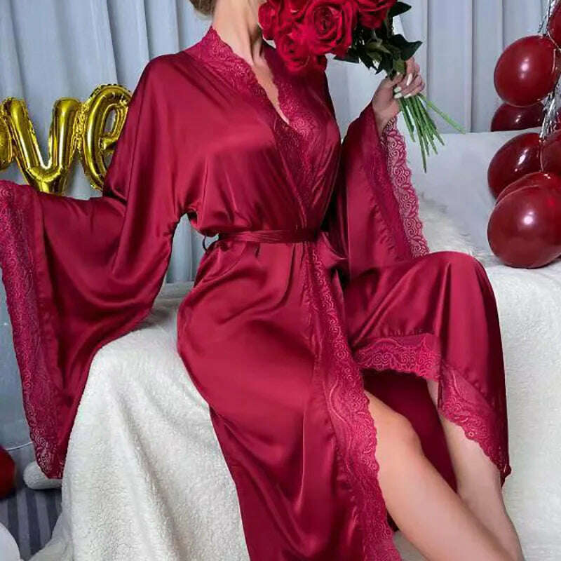 Long Solid Kimono Robe Women Sexy Lace Patchwork Bathrobe Gown Flare Sleeve Sleepwear Nightwear Bride Wedding Robes Loungewear - KIMLUD