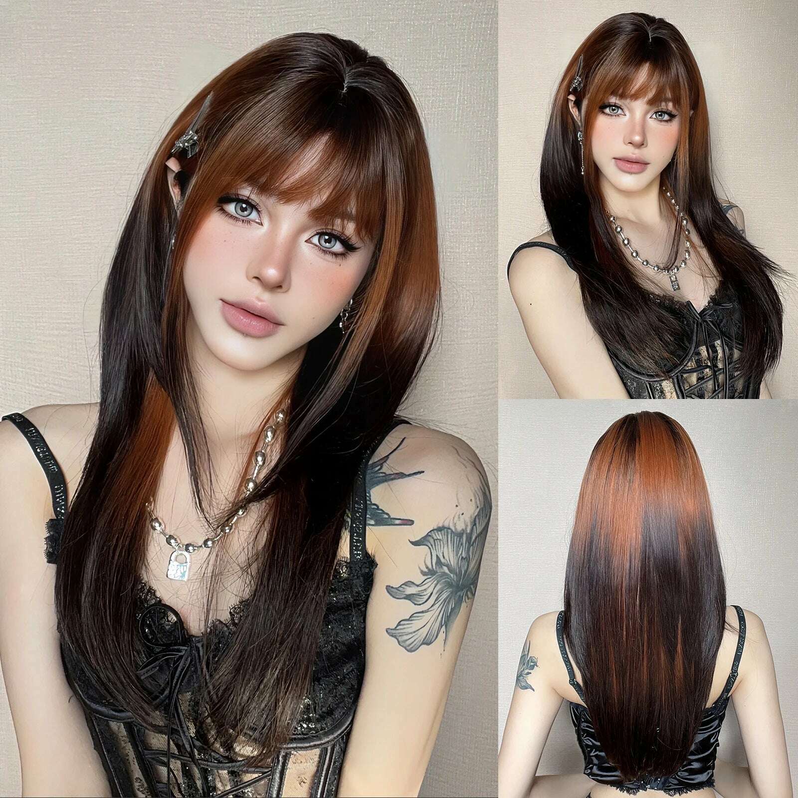 KIMLUD, Long Straight Ginger Copper to Brown Ombre Cosplay Hair Wig Long Layered Synthetic Wigs with Bangs for White Women Korean Use, Wig-LC3023-1, KIMLUD Womens Clothes