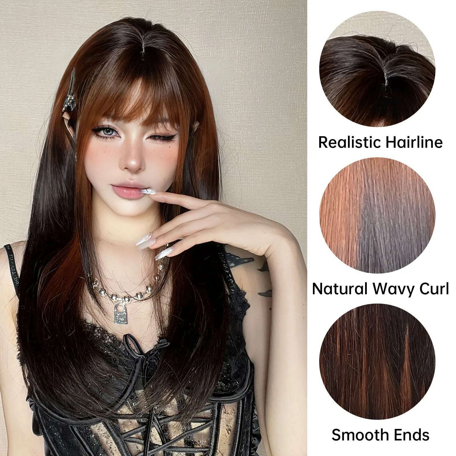 KIMLUD, Long Straight Ginger Copper to Brown Ombre Cosplay Hair Wig Long Layered Synthetic Wigs with Bangs for White Women Korean Use, KIMLUD Womens Clothes