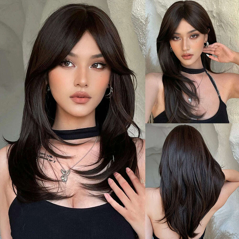 KIMLUD, Long Straight Ginger Copper to Brown Ombre Cosplay Hair Wig Long Layered Synthetic Wigs with Bangs for White Women Korean Use, Wig-LC259-8, KIMLUD Womens Clothes