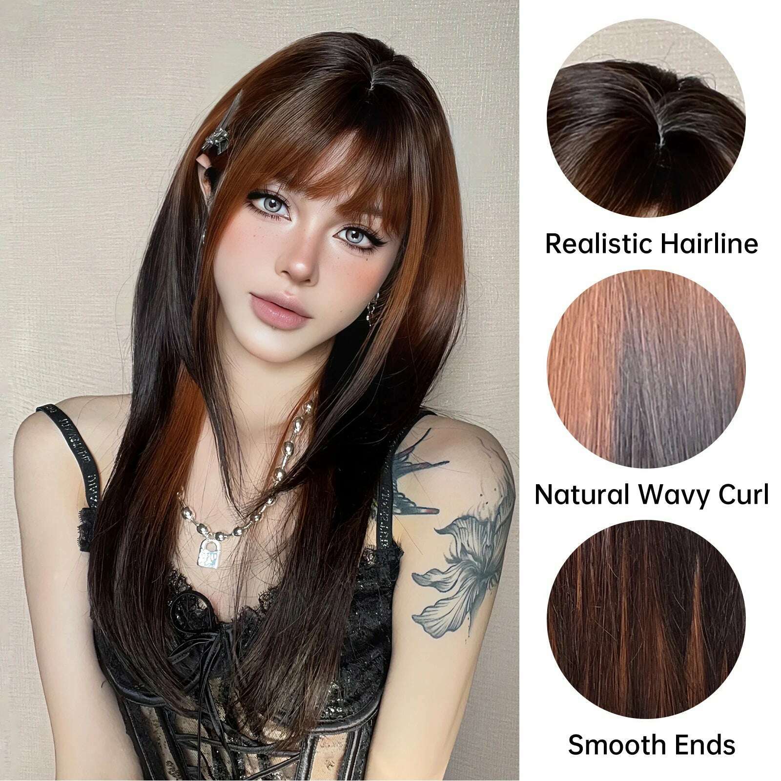 KIMLUD, Long Straight Ginger Ombre Brown Black Synthetic Wigs Cosplay Wig with Bang for Women Afro Party Lolita Use Heat Resistant Fibre, KIMLUD Womens Clothes