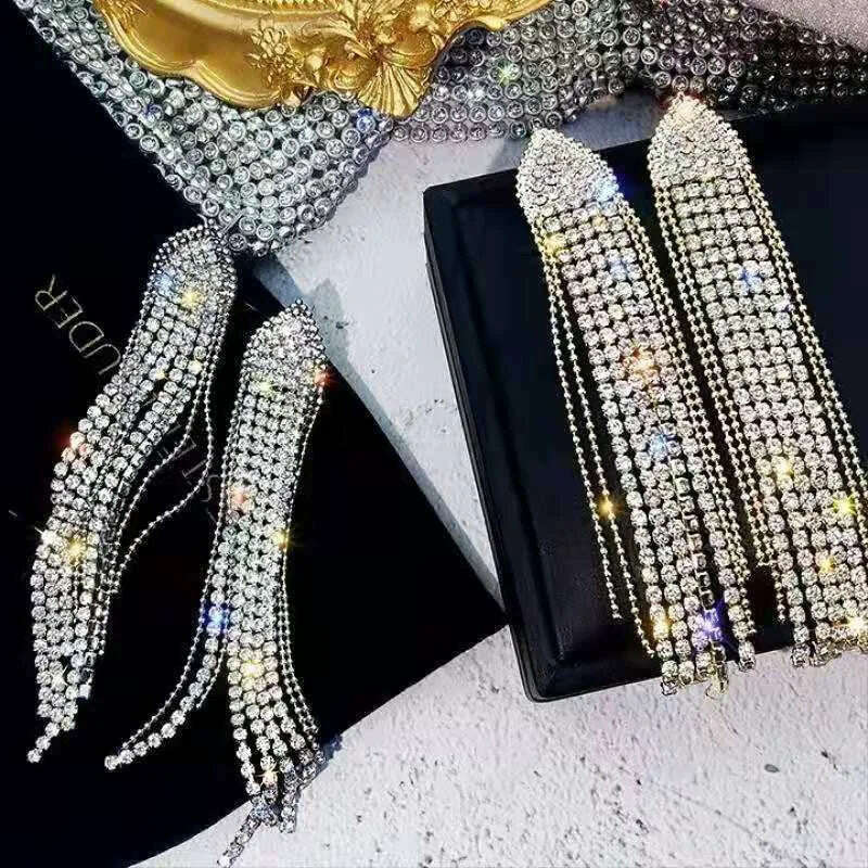 Long Tassel Earrings for Women Korean Crystal Leaf Drop Earring Girls Accessories Statement Gold Color Brincos Jewelry Gifts - KIMLUD
