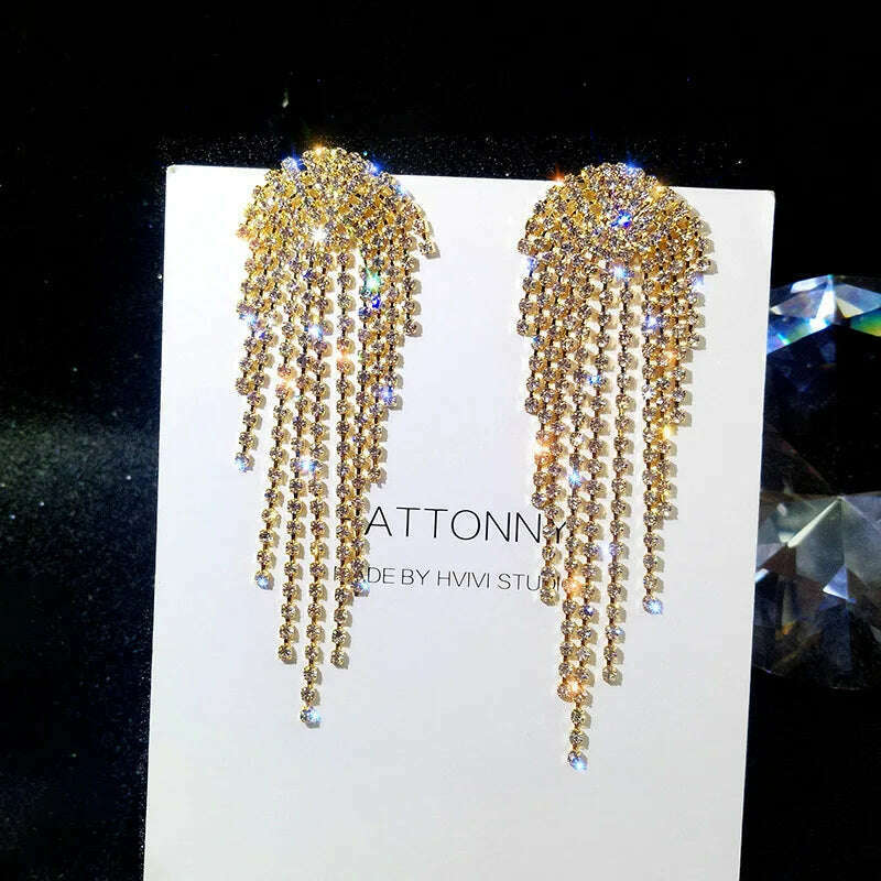Long Tassel Earrings for Women Korean Crystal Leaf Drop Earring Girls Accessories Statement Gold Color Brincos Jewelry Gifts - KIMLUD