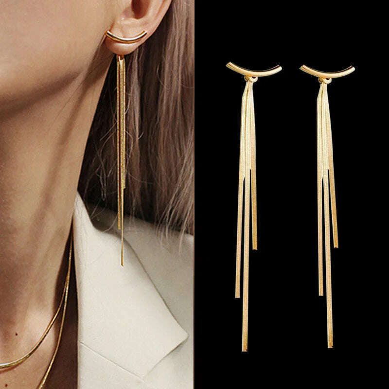 Long Tassel Earrings for Women Korean Crystal Leaf Drop Earring Girls Accessories Statement Gold Color Brincos Jewelry Gifts - KIMLUD