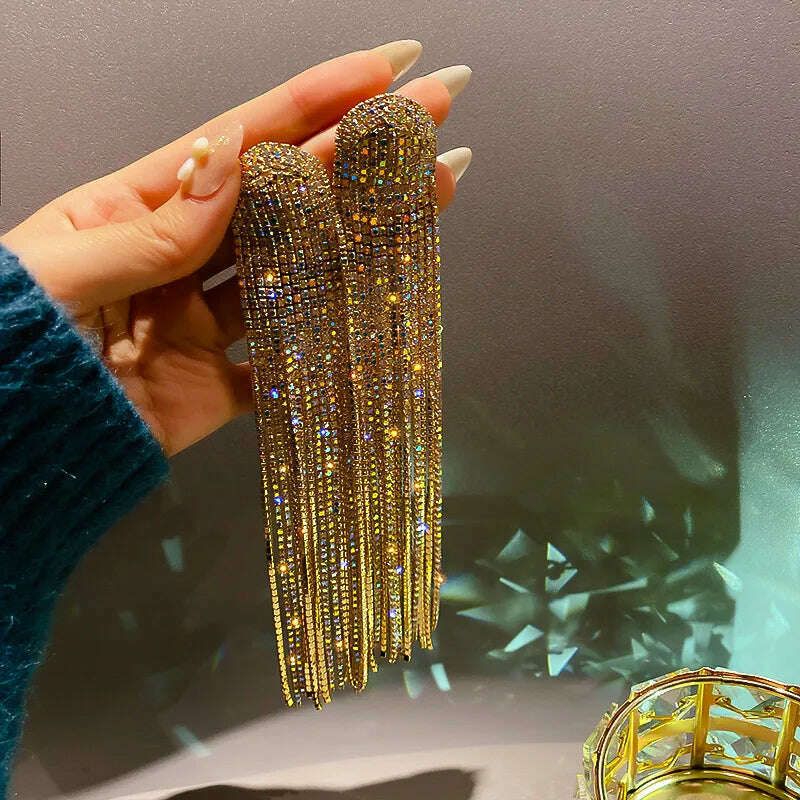 KIMLUD, Long Tassel Rhinestone Drop Earrings for Women Oversize Crystal Dangle Earrings Fashion Wedding Jewelry Gift, KIMLUD Womens Clothes